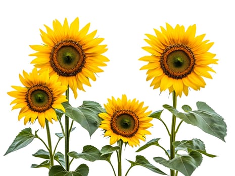 Bright yellow sunflowers in full bloom cut out on white background
