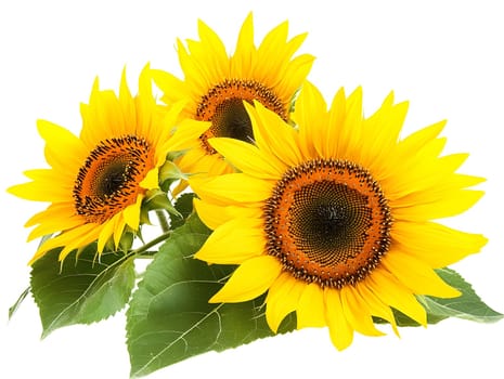 Bright yellow sunflowers in full bloom cut out on white background