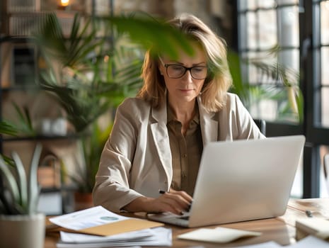 Busy happy mature business woman bank manager working