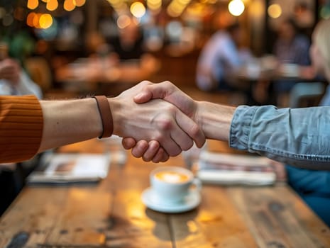 Cafe business people and shaking hands for teamwork