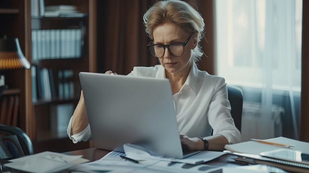 Busy happy mature business woman bank manager working