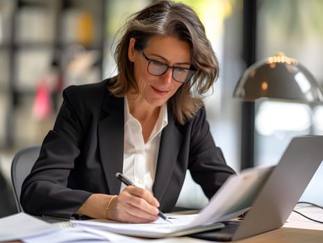 Busy happy mature business woman bank manager working
