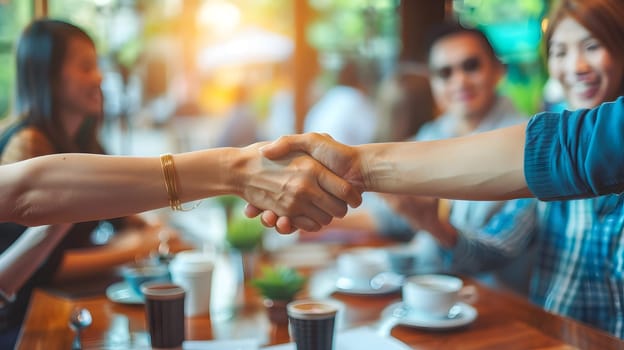Cafe business people and shaking hands for teamwork