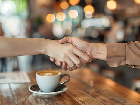 Cafe business people and shaking hands for teamwork