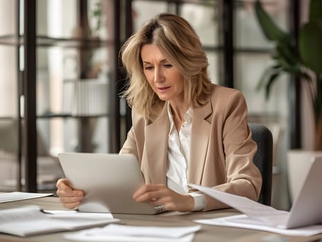 Busy happy mature business woman bank manager working