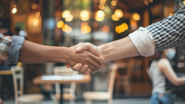 Cafe business people and shaking hands for teamwork