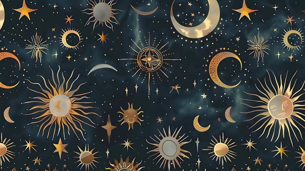 Celestial pattern with suns moons and stars on a dark background