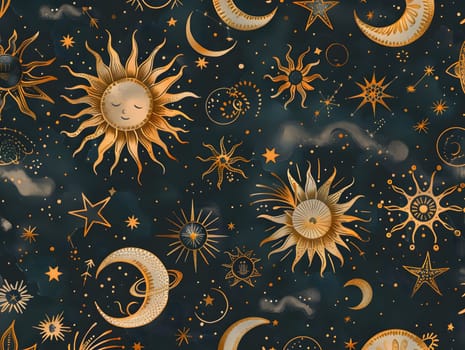 Celestial pattern with suns moons and stars on a dark background