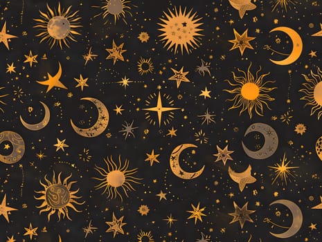 Celestial pattern with suns moons and stars on a dark background