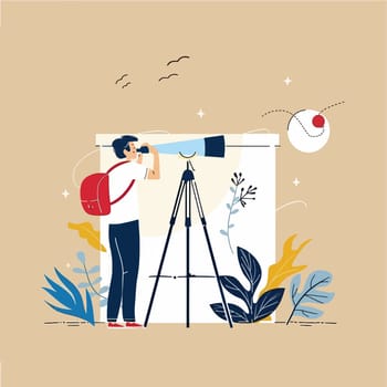 Young explorer uses telescope to observe night sky, surrounded by plants and cosmic elements in a whimsical illustration style.