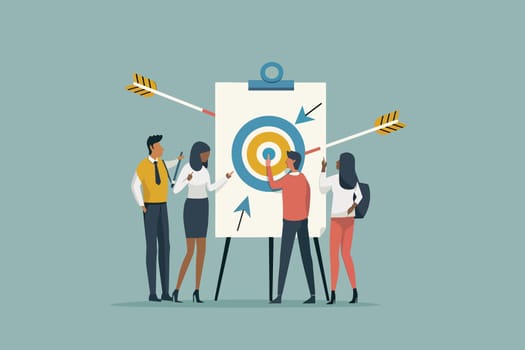 Diverse business team examining a target board with arrows, illustrating goal setting, teamwork, and strategic planning in a corporate environment.