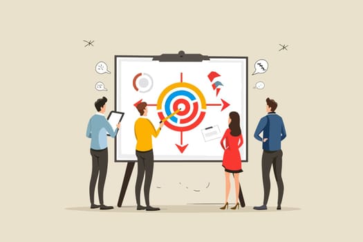 Group of professionals discussing target oriented strategy on whiteboard, illustrating teamwork and goal setting in corporate environment.