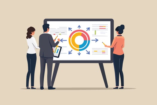 Three professionals examining a colorful data visualization on a large screen, showcasing collaborative analysis and strategic planning in a modern office environment.