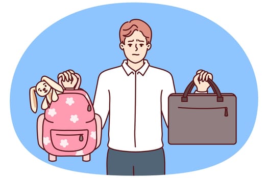 Man is trying to make choice between family and career, showing business briefcase and children school bag. Concept of difficult choices to achieve harmony and balance in career or parenting