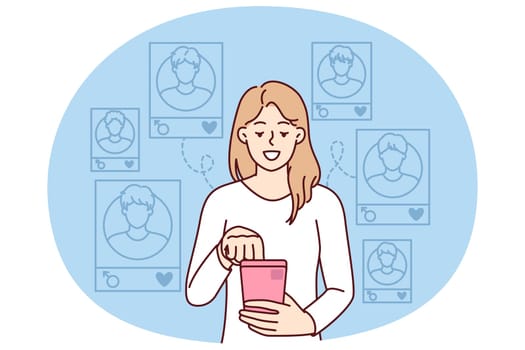 Woman with phone use application for online dating and find new boyfriend for serious relationship or one-time dates. Girl with smartphone visits social networks for dating choosing men from photo