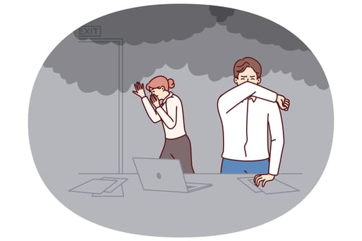 Office workers are evacuated from burning building during fire or smoke emergency. Men and women in formal wear panic and flee preparing to evacuate after smoke and fire spread through office