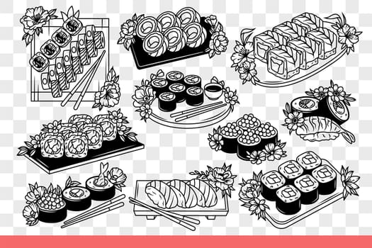 Maki rolls and sushi from japanese restaurant for delicious dinner and opportunity to enjoy fresh fish and rice. Maki rolls served on plates or wooden stands with bamboo chopsticks. Hand drawn.
