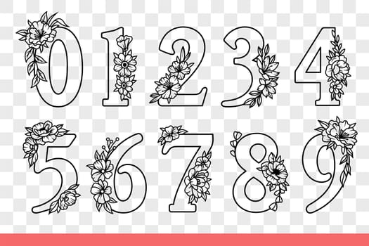 Prime numbers from zero to one are decorated with spring flowers to teach children how to count. Numbers for design of price tags in florist shop or decorations for book about botany. Hand drawn.