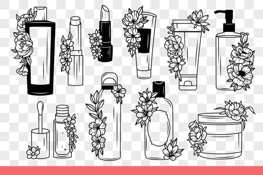 Cosmetics for caring for face or body skin and creating beautiful makeup. Shampoo and shower gel with floral scent next to nail polish or lipstick and cosmetics cream to get rid wrinkles. Hand drawn