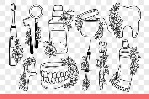 Items for self-care of teeth or going to dentist and visiting orthodontist. Toothpaste and toothbrush for care of teeth near magnifying glass and hook decorated with flowers. Hand drawn.