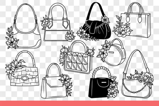 Handbags decorated with fresh flowers to decorate your look and go shopping. Handbags made of different materials for young girls who want to be fashionable and beautiful. Hand drawn.