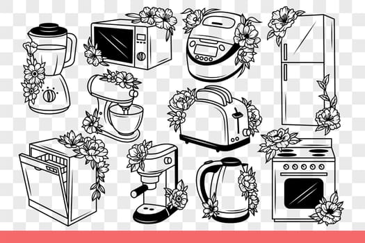 Kitchen appliances for preparing and storing delicious food or refreshing drinks. Kitchen appliances for housewives with blender and kettle or coffee maker and refrigerator. Hand drawn.