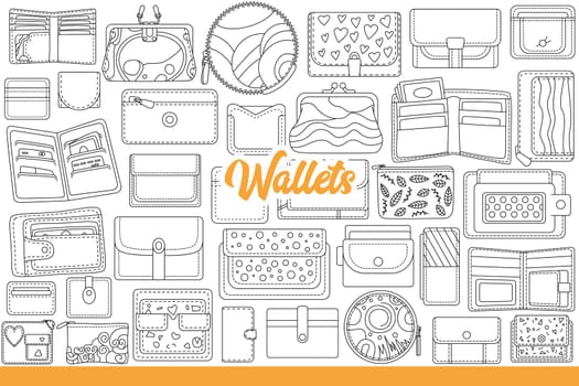 Women wallets made of genuine leather and dermantine, for storing cash bills and bank cards. Lady wallets with compartments for business cards or coins are designed to decorate image. Hand drawn.