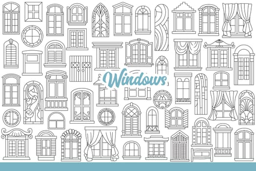 Windows frames and stained glass, decorated with curtains and sills from different architectural styles. Windows for facade of one-story houses or high-rise city buildings. Hand drawn.