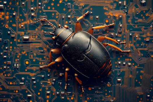 The bug crawling on the electronic circuit as a symbol of computer virus. The concept of errors and hacking computer programs. AI generated