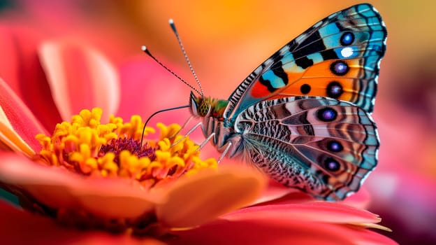 Beautiful butterfly sitting on a flowers against gentle magical summer background. Summer or spring season. AI generated