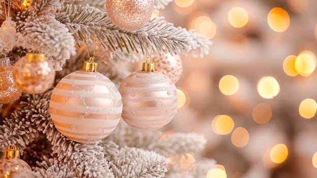 Christmas and New Year festive background with frosty Christmas tree and decorations. AI generated