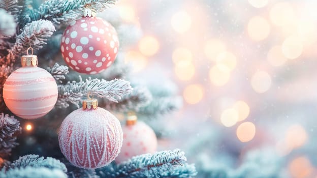 Christmas and New Year festive background with frosty Christmas tree and pastel color baubles. AI generated