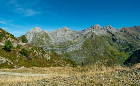 A mountain range with a clear blue sky in the background. The grass is dry