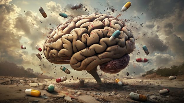 Brain with medical pills for treatment, ADHD, attention deficit hyperactivity disorder, mental health, hyperactive mind