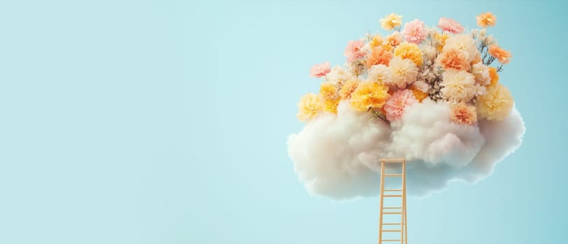 Climbing up a ladder to reach a cloud of flowers, positive thinking mind, creating an optimistic future of success and opportunity