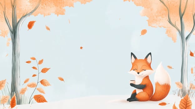 Cute fox sitting in the forest and drinking a cup of hot coffee or tea, autumn season with colorful foliage, cartoon illustration