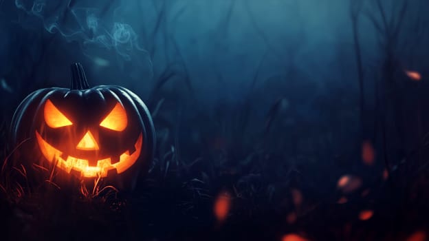 Halloween illuminated carved pumpkin, evil scary face in darkness, candle lit at night, background with copy space