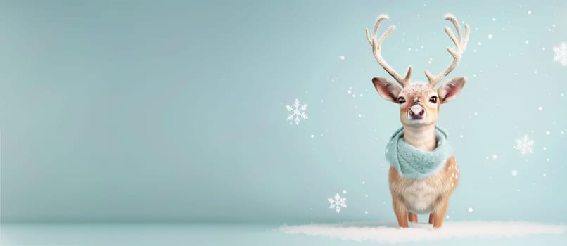 Deer with a blue scarf, merry christmas holiday greeting card, xmas winter season, copy space