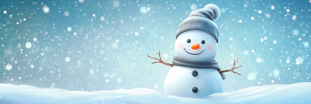 Happy smiling snowman with a wool hat and scarf in a snow covered landscape, christmas holiday, winter season