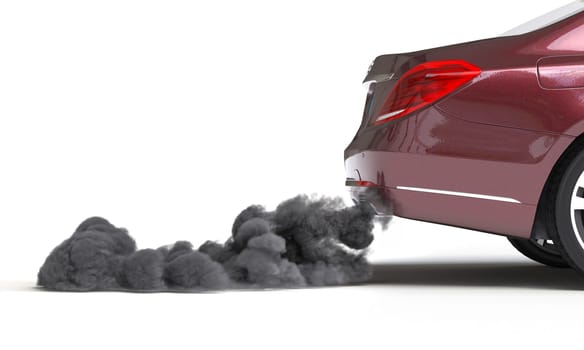Red car releasing black smoke pollution from exhaust pipe 3d on white background