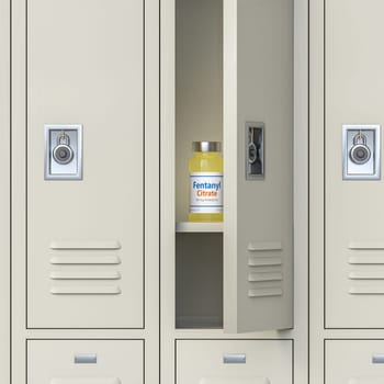 vial  fentanyl citrate on  shelf inside  empty high school locker 3d
