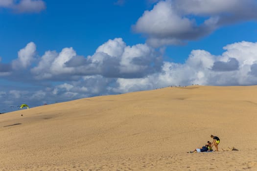 Dune of Pilat, France - August 14,2024: People on the Dune of Pilat, the tallest sand dune in Europe. La Teste-de-Buch, Arcachon Bay, Aquitaine, France