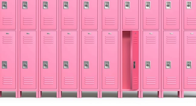 Row of pink opened empty school lockers standing on white background 3d