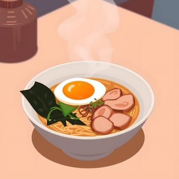 A steaming bowl of ramen filled with noodles, topped with a soft-boiled egg, fresh herbs, and tender meat slices, showcasing a warm and inviting atmosphere in a casual dining setting.