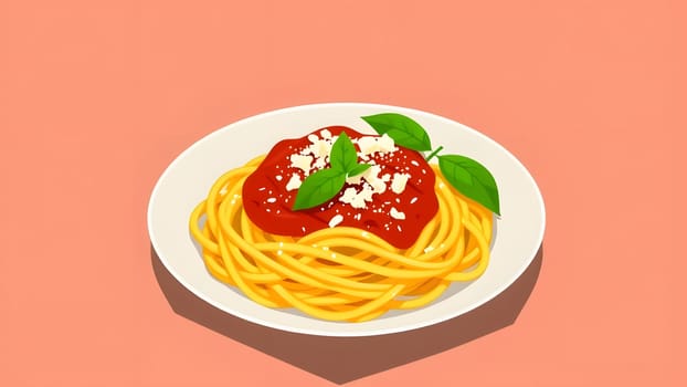 A plate features a generous serving of spaghetti, topped with rich marinara sauce and fresh basil leaves, showcasing vibrant colors on a simple background.