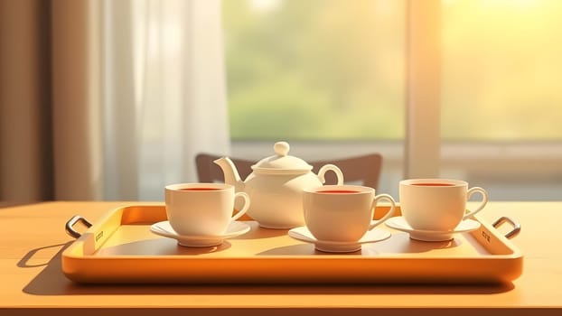 A serene morning setting features a beautifully arranged tray with a teapot and three cups, bathed in warm sunlight streaming through the window, creating a tranquil atmosphere.