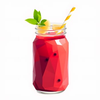 A colorful fruit drink is presented in a unique angular jar, garnished with mint leaves and a slice of orange. A striped straw completes the refreshing look of this summer beverage.