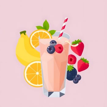 A tall glass filled with a creamy, pink smoothie is adorned with fresh blueberries, strawberries, and sliced bananas. Vibrant lemon and mint enhance the refreshing look.