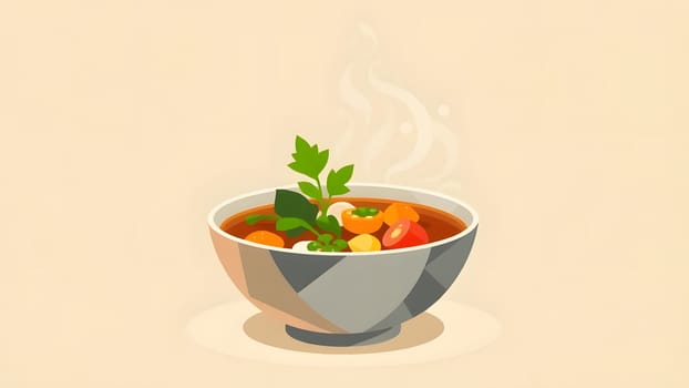 A bowl of hot vegetable soup sits invitingly, filled with colorful veggies and garnished with fresh herbs. Steam rises from the soup, adding to its appetizing allure.