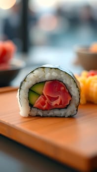 A beautifully crafted sushi roll featuring fresh tuna and cucumber is placed on a wooden platter. The setting hints at a vibrant dining atmosphere, perfect for savoring the delicacy.